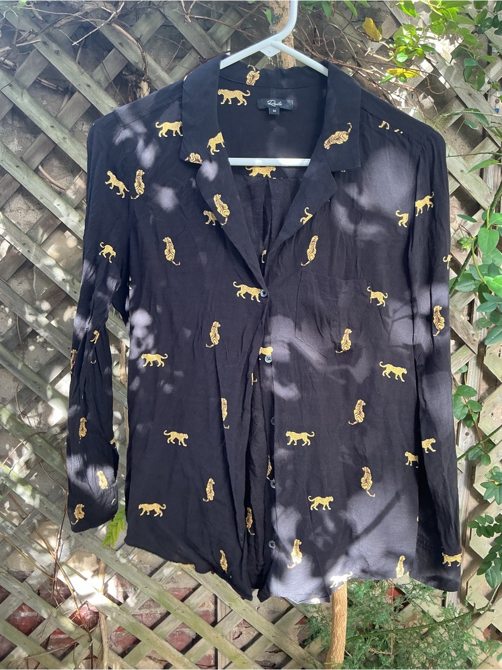 Rails Black Button-Down Blouse with Gold Cat Print